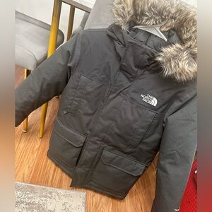 The North Face Kids Charcoal Puffer Jacket with Fur Hood